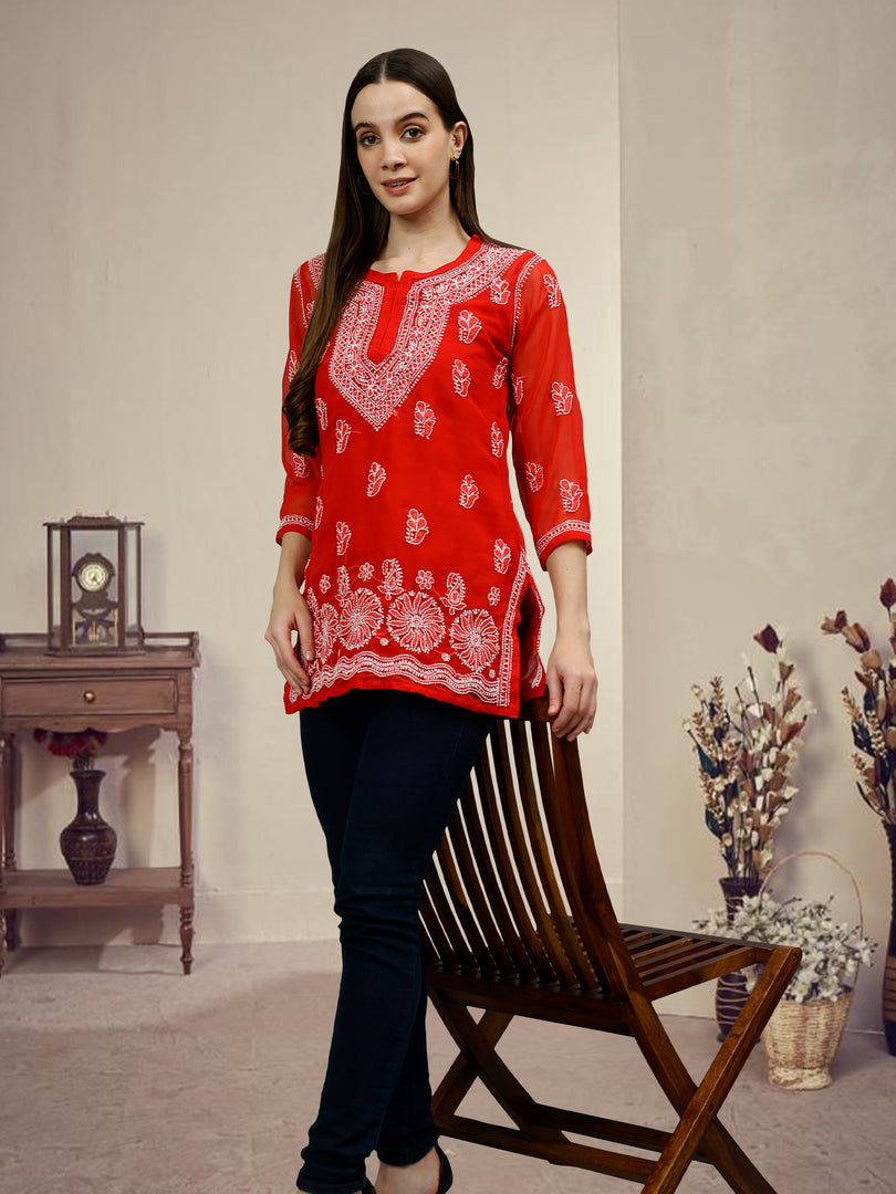 Seva Chikan Hand Embroidered Georgette Lucknowi Chikankari Top With Slip