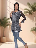 Load image into Gallery viewer, Seva Chikan Hand Embroidered Black Georgette Lucknowi Chikankari Short Top SCL1081
