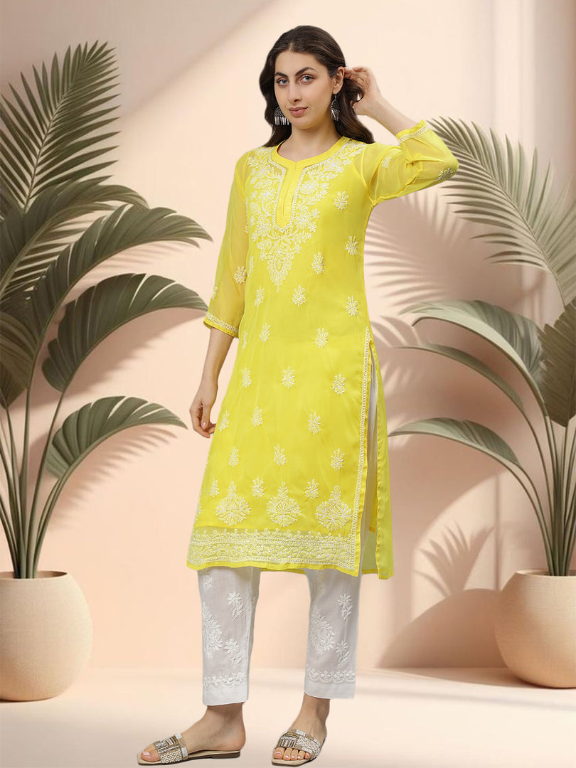 Seva Chikan Hand Embroidered Georgette Lucknowi Chikankari Kurta With Slip