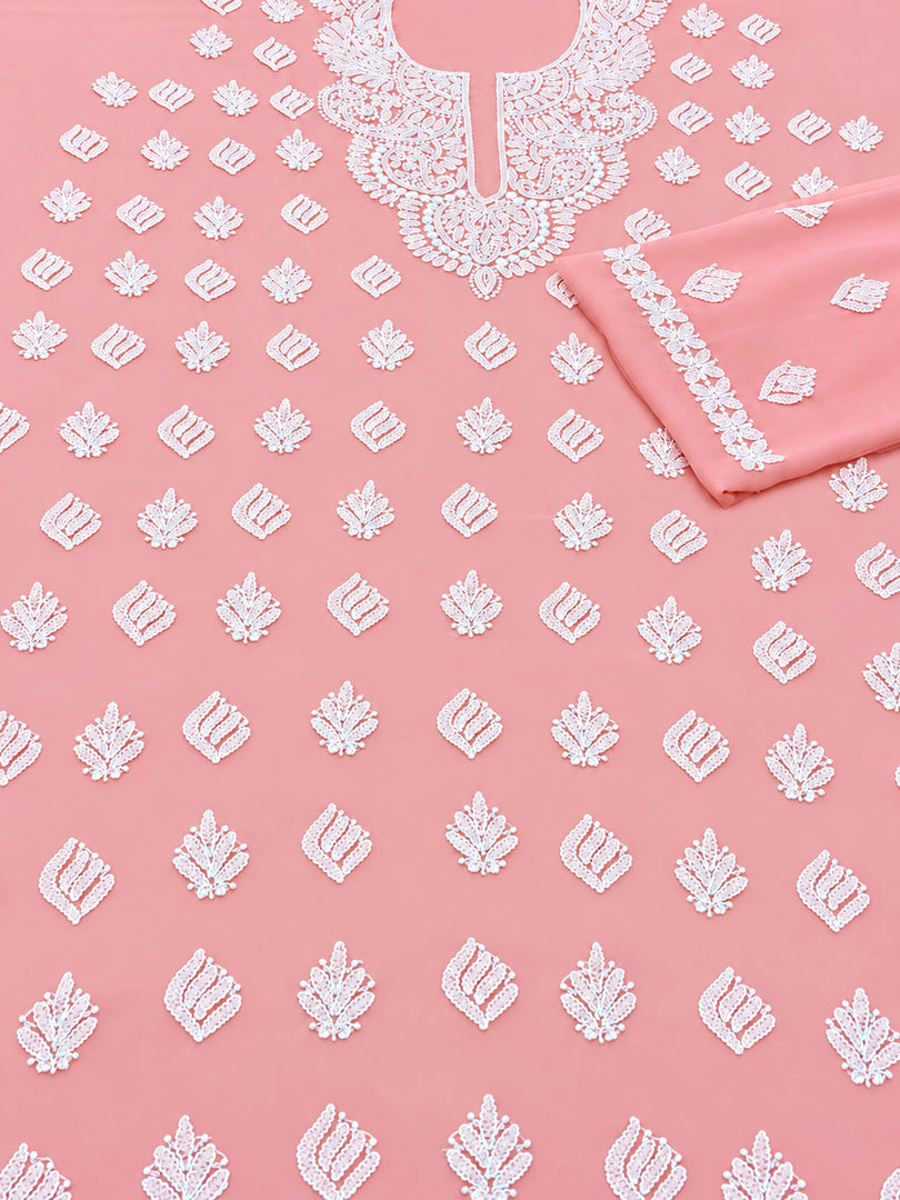 Seva Chikan Hand Embroidered Peach Georgette Lucknowi Chikankari Unstitched Suit Piece-SEV15048