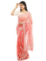 Load image into Gallery viewer, Seva Chikan Hand Embroidered Peach Georgette Lucknowi Saree With Gotta Patti Work-SCL1986