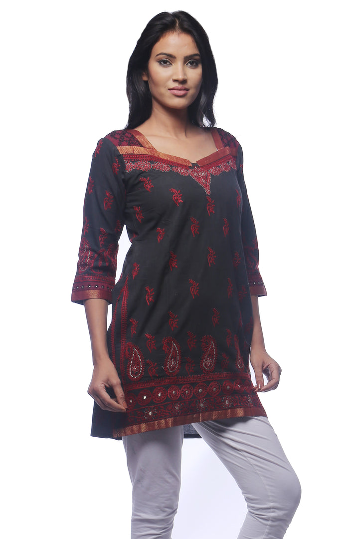 Seva Chikan Hand Embroidered Black Cotton Lucknowi Chikan Short Top-SCL0306