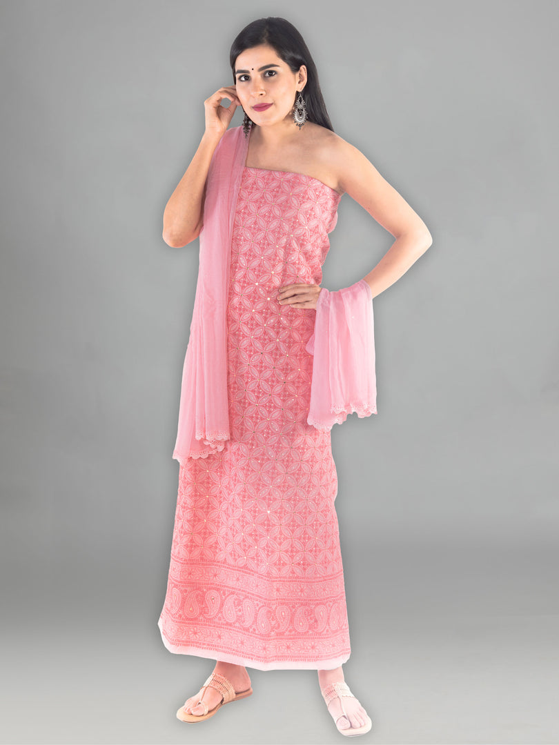 Seva Chikan Hand Embroidered Peach Cotton Lucknowi Chikankari Unstitched Suit Piece-SCL1435