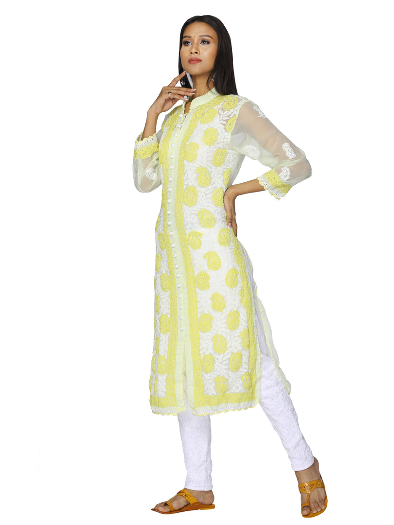 Seva Chikan Hand Embroidered Lemon Faux Georgette Lucknowi Chikan Front Open Kurta-SCL0889