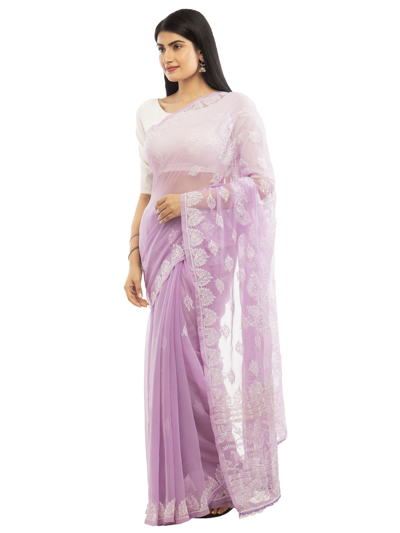 Seva Chikan Hand Embroidered Violet Georgette Lucknowi Saree-SCL1988