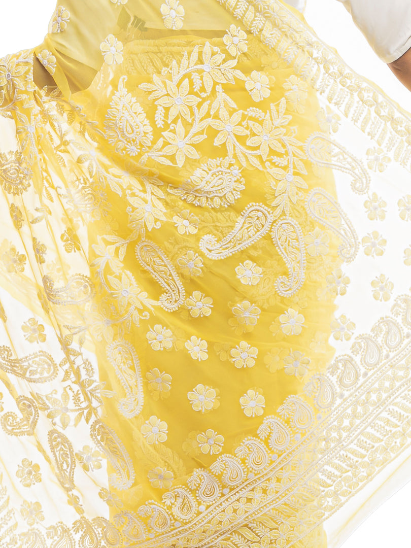 Seva Chikan Hand Embroidered Yellow Georgette Lucknowi Saree With Pearl Work-SCL1989
