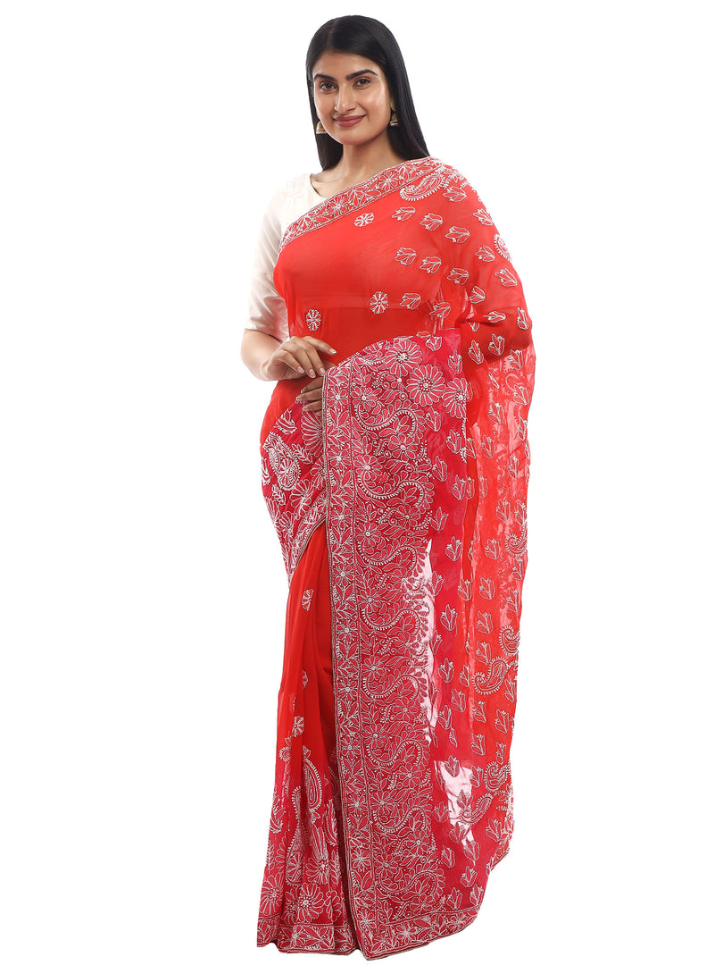 Seva Chikan Hand Embroidered Red Georgette Lucknowi Saree-SCL1993