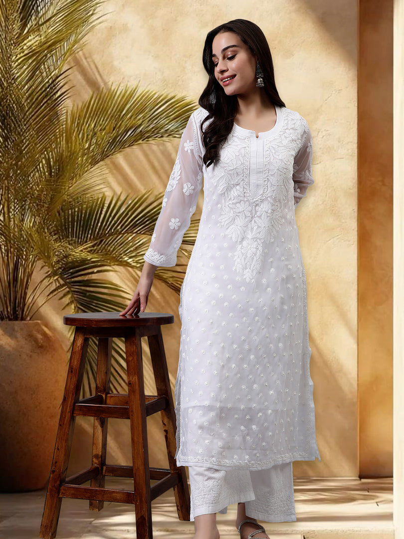 Seva Chikan Hand Embroidered Georgette Chikankari Kurta With Matching Slip