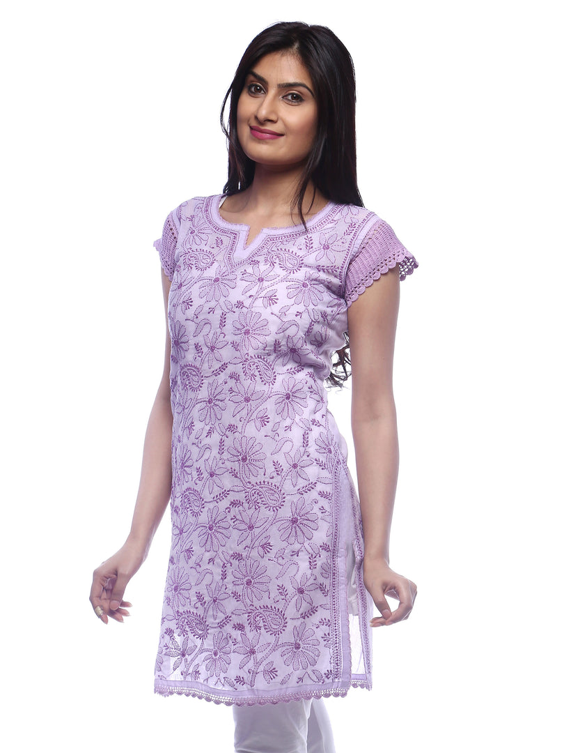 Seva Chikan Hand Embroidered Purple Cotton Lucknowi Chikan Kurti-SCL0336