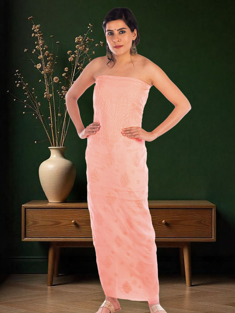 Seva Chikan Hand Embroidered Peach Chanderi Lucknowi Chikankari Unstitched Kurti Piece SCL1112