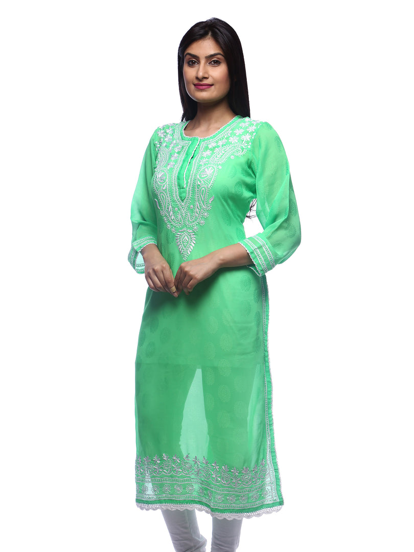 Seva Chikan Hand Embroidered Green Georgette Lucknowi Chikan Kurti-SCL0282