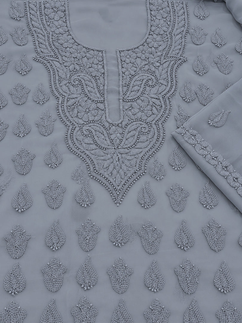Seva Chikan Hand Embroidered Grey Georgette Lucknowi Chikankari Unstitched Suit Piece-SEV15035
