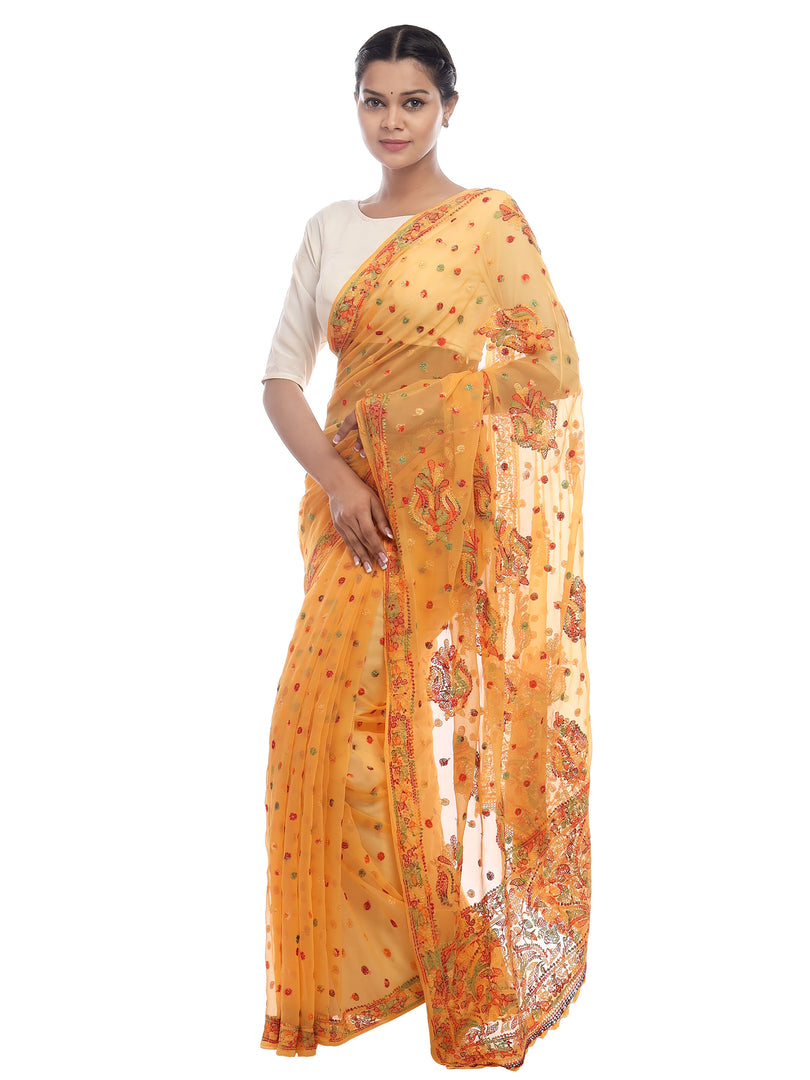 Seva Chikan Hand Embroidered Mustard Georgette Lucknowi Saree-SCL2287