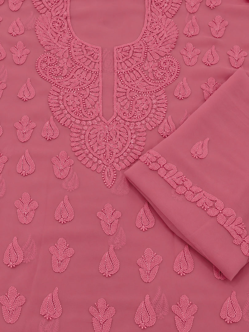 Seva Chikan Hand Embroidered Carrot Pink Georgette Lucknowi Chikankari Unstitched Suit Piece-SEV15033