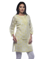Load image into Gallery viewer, Seva Chikan Hand Embroidered Lemon Cotton Lucknowi Chikan Kurti-SCL0229