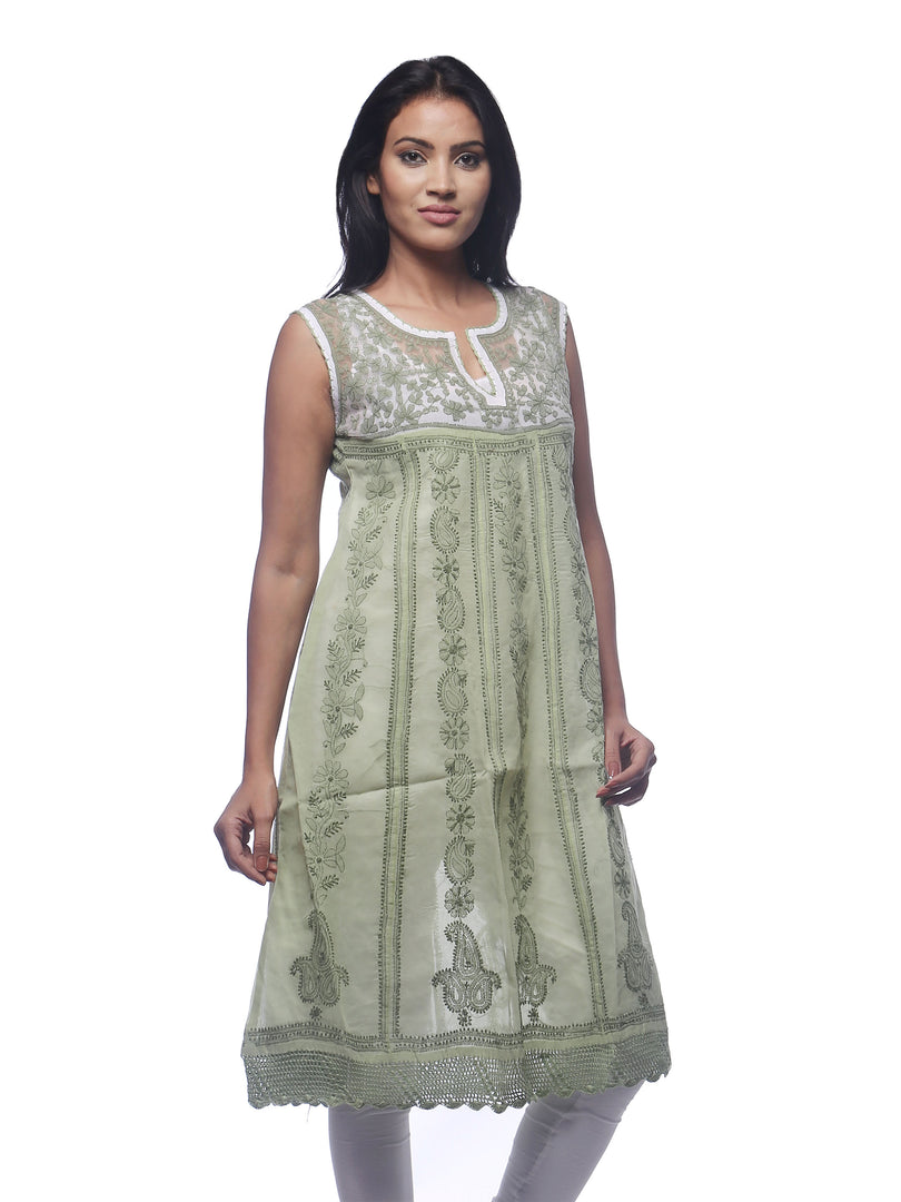 Seva Chikan Hand Embroidered Dark Green Cotton Lucknowi Chikankari Anarkali-SCL0240