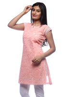 Load image into Gallery viewer, Seva Chikan Hand Embroidered Peach Cotton Lucknowi Chikan Kurti-SCL0332