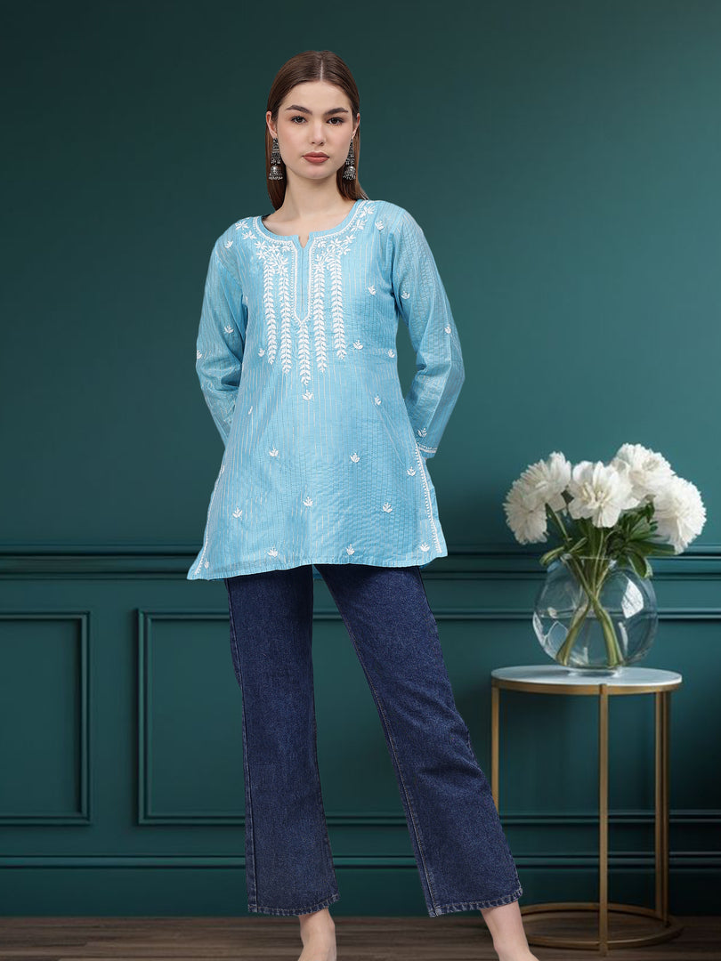 Seva Chikan Hand Embroidered Chanderi Lucknowi Chikan Top With Slip