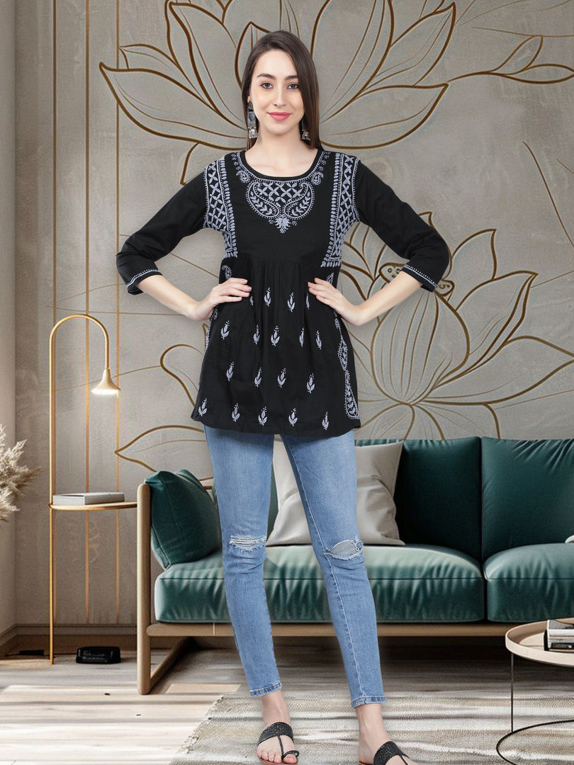 Seva Chikan Hand Embroidered  Black Cotton Lucknowi Chikankari Top