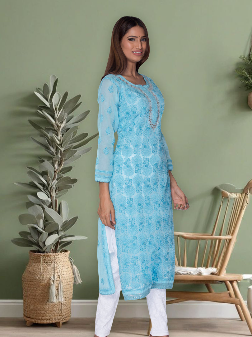 Seva Chikan Hand Embroidered Sky Blue Cotton Lucknowi Chikan Kurti SCL1043
