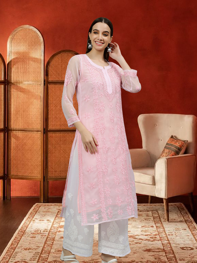 Seva Chikan Hand Embroidered Georgette Chikankari Kurta With Matching Slip