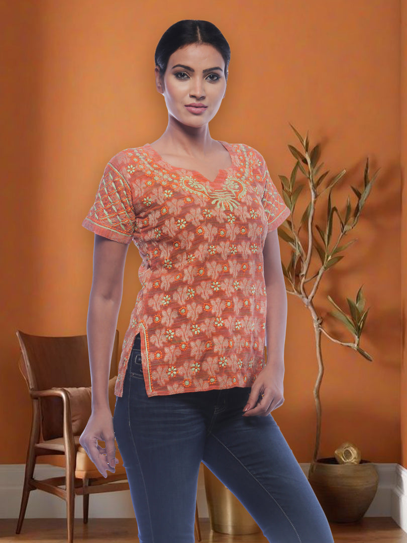 Seva Chikan Hand Embroidered Orange Cotton Lucknowi Chikankari Short Top SCL0165