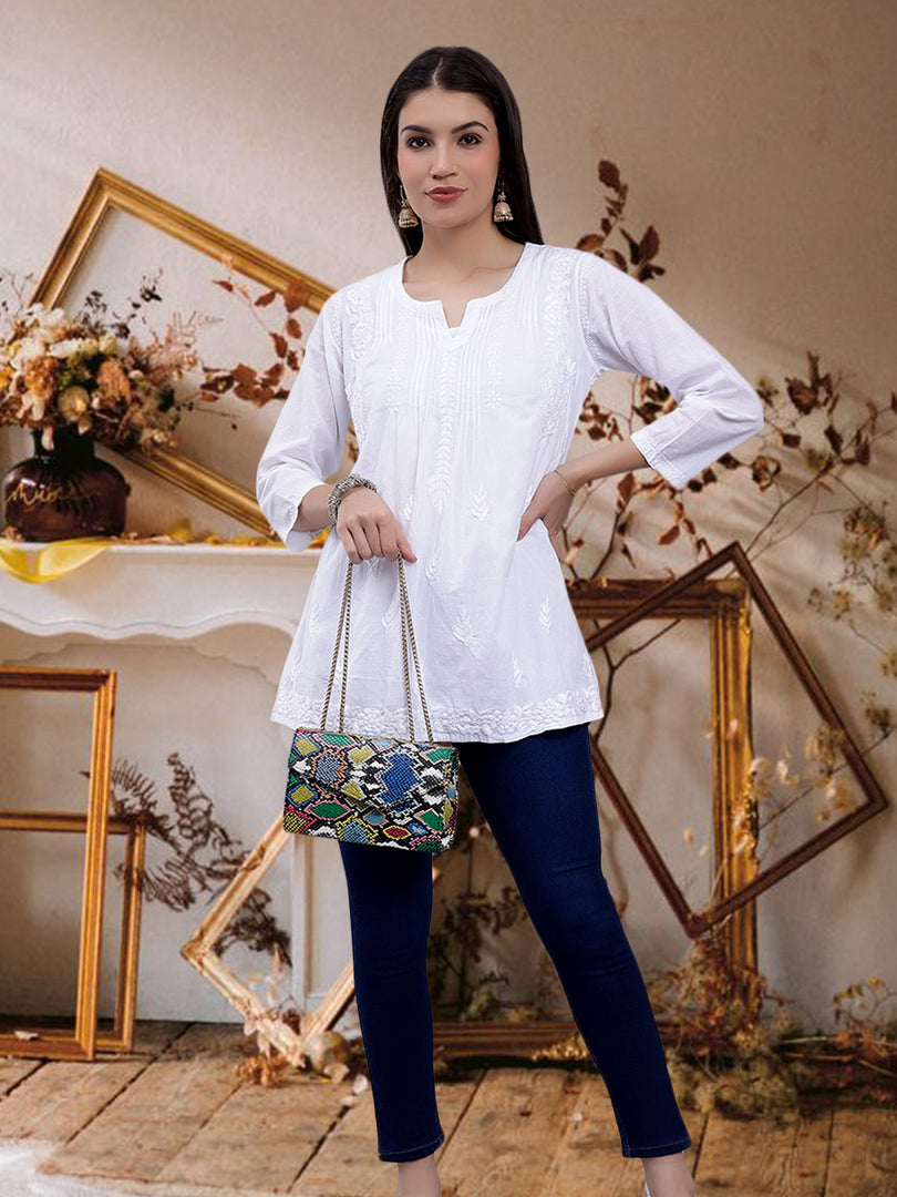 Seva Chikan Hand Embroidered White Cotton Lucknowi Chikankari Top SCL9106