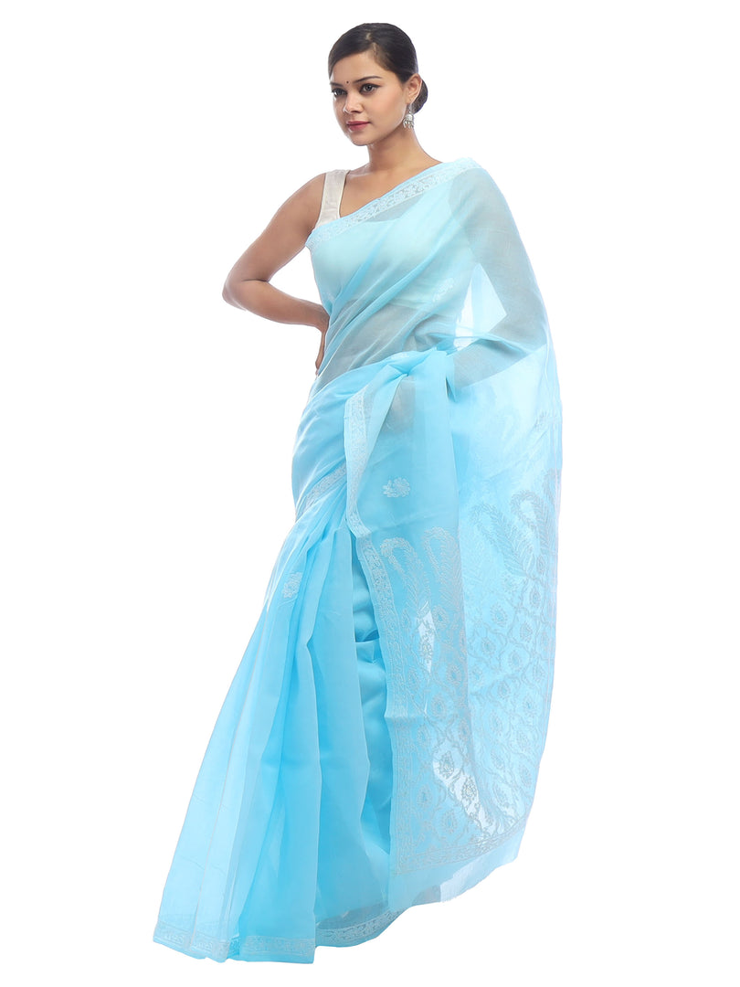 Seva Chikan Hand Embroidered Blue Cotton Lucknowi Saree-SCL2320