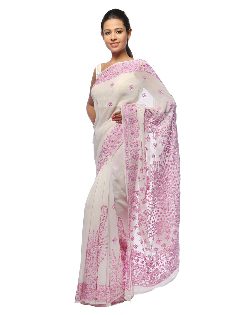 Seva Chikan Hand Embroidered White Pure Georgette Lucknowi Saree-SCL0588