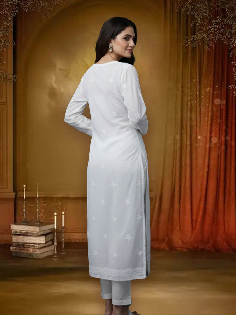 Seva Chikan Hand Embroidered White Cotton Lucknowi Chikan Kurti SCL0696