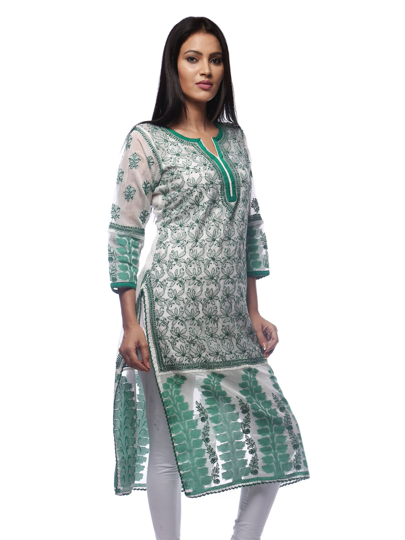 Seva Chikan Hand Embroidered White Chanderi Silk Lucknowi Chikan Kurti-SCL0250