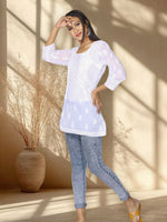 Load image into Gallery viewer, Seva Chikan Hand Embroidered White Cotton Lucknowi Chikan Short Kurti SCL1014
