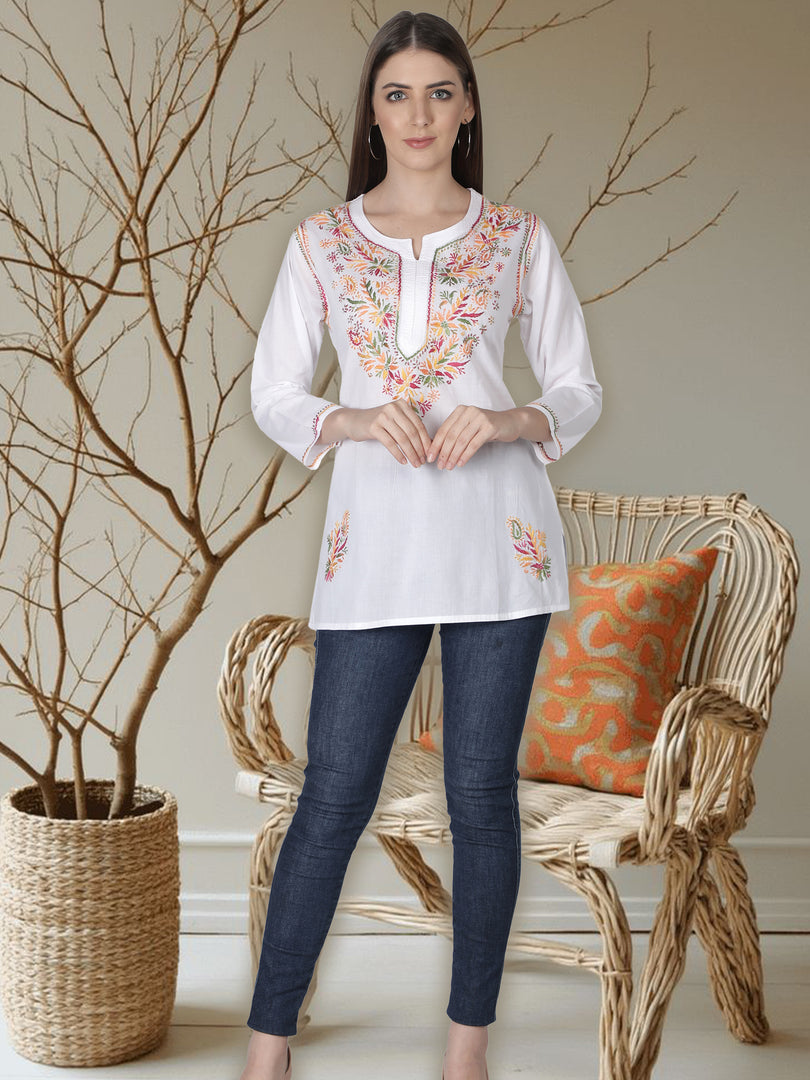 Seva Chikan Hand Embroidered Cotton Lucknowi Chikan Short Top