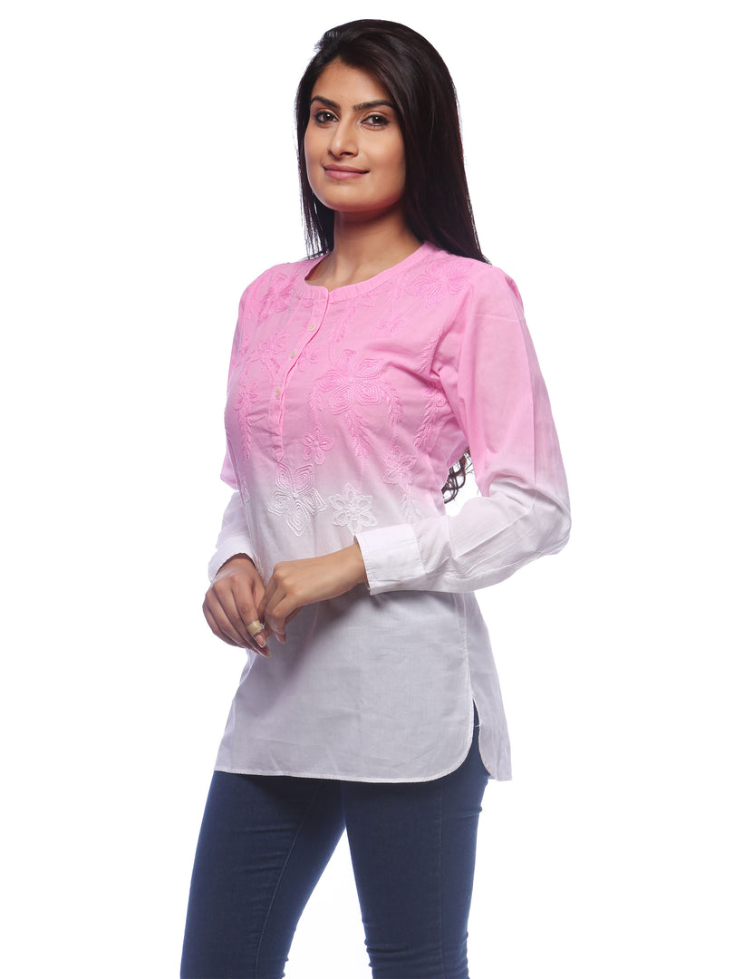 Seva Chikan Hand Embroidered Pink Cotton Lucknowi Chikankari Short Top-SCL0507
