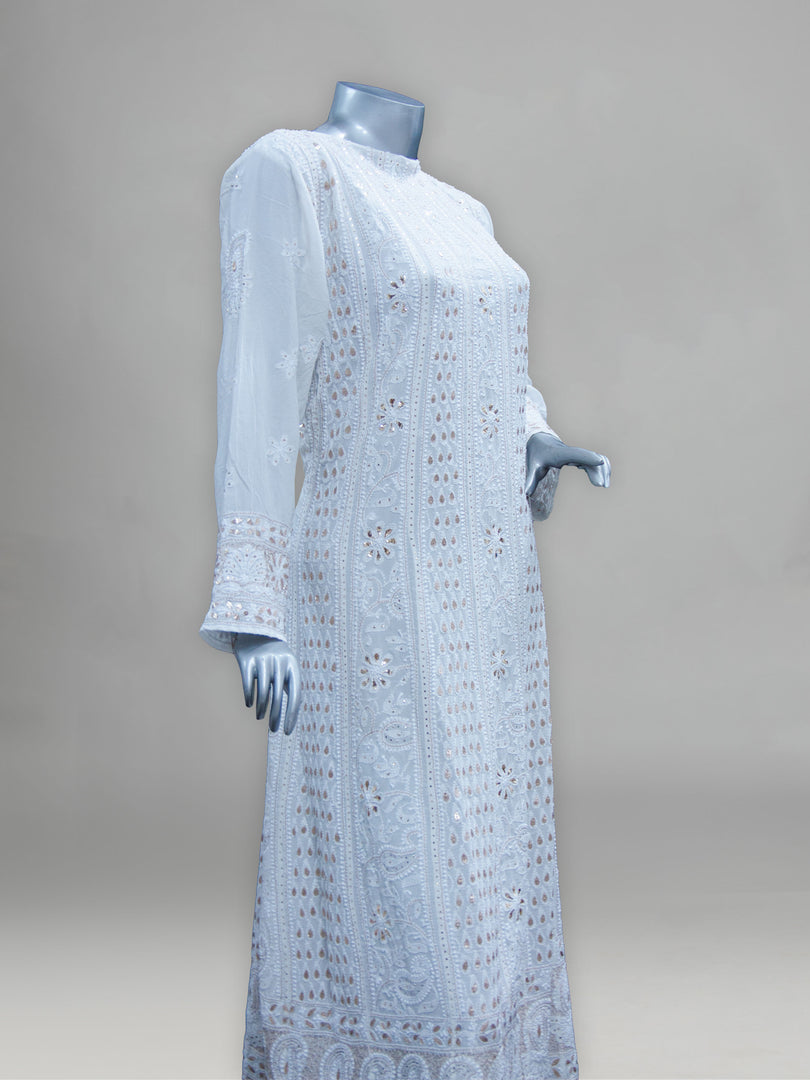 Seva Chikan Hand Embroidered White Pure Georgette Semi-Stitched Anarkali & Dupatta With Gotta Patti & Mukaish Work-SCL0880