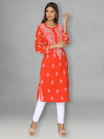 Load image into Gallery viewer, Seva Chikan Hand Embroidered Red Faux Georgette Lucknowi Chikankari Kurta-SCL0968
