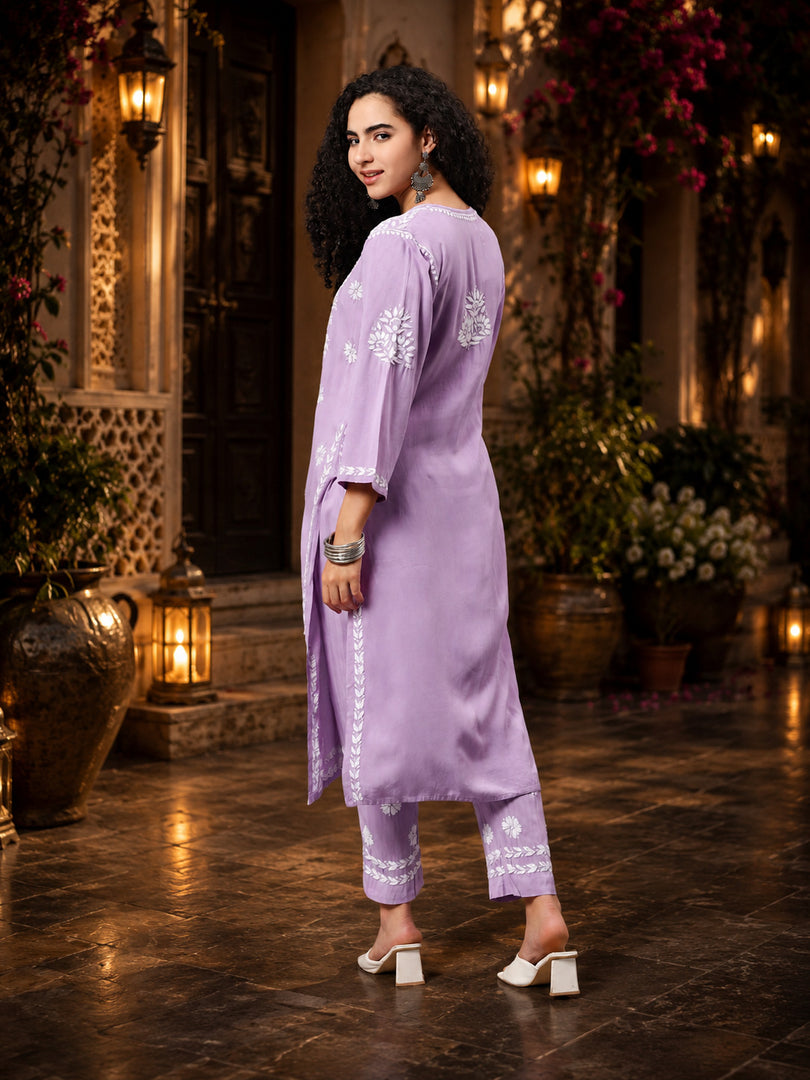 Seva Chikan Hand Embroidered Mauve Rayon Lucknowi Chikankari Kurta Set SCL8090