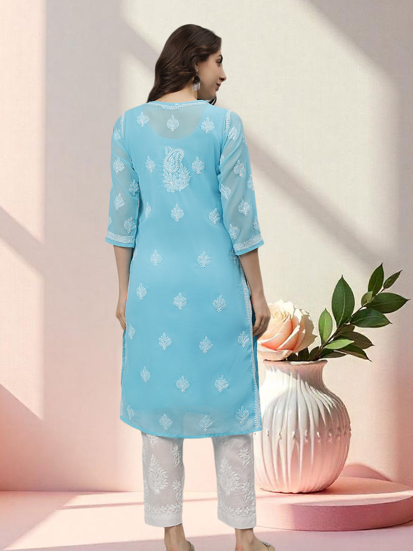 Seva Chikan Hand Embroidered Georgette Lucknowi Chikankari Kurta With Slip