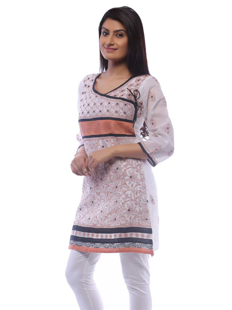 Seva Chikan Hand Embroidered White Cotton Lucknowi Kurti-SCL0199