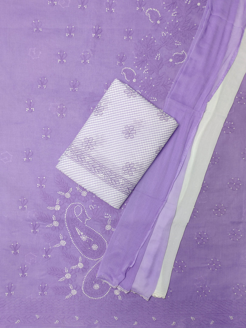 Seva Chikan Hand Embroidered Mauve Terivoil Cotton Lucknowi Chikankari Unstitched Suit Piece-SCL13002