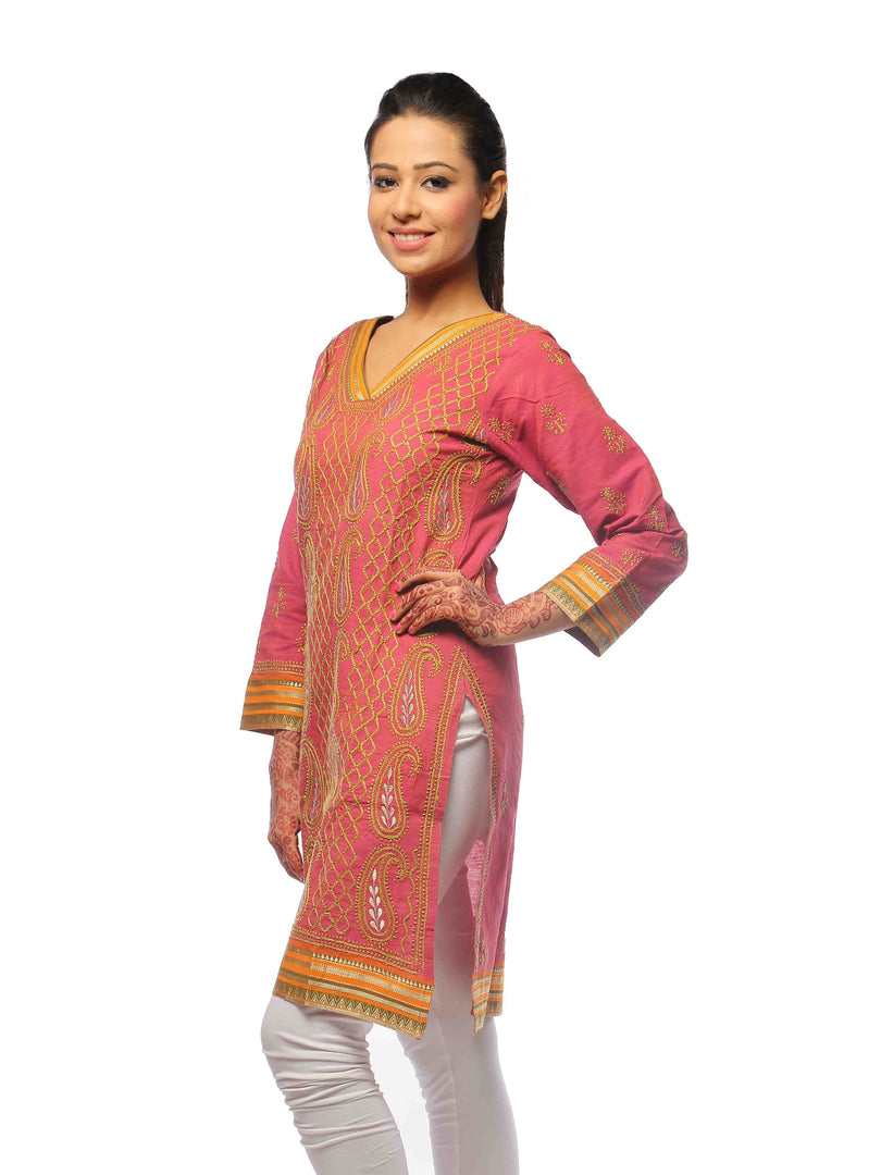 Seva Chikan Hand Embroidered Dark Pink South Cotton Lucknowi Chikan Short Kurti-SCL0601