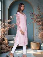 Load image into Gallery viewer, Seva Chikan Hand Embroidered Peach Georgette Lucknowi Chikan Kurti SCL1024
