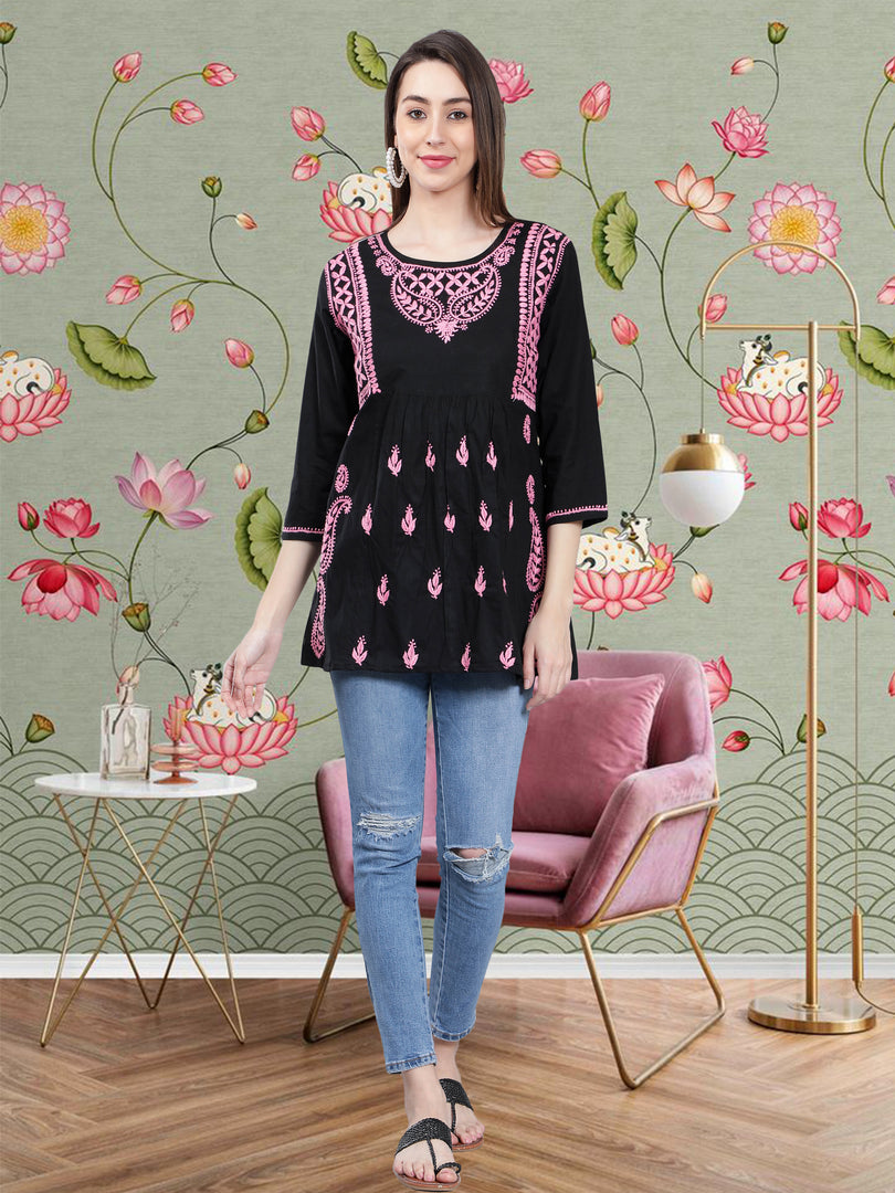 Seva Chikan Hand Embroidered  Black Cotton Lucknowi Chikankari Top