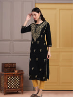 Load image into Gallery viewer, Seva Chikan Hand Embroidered Black Cotton Lucknowi Chikankari Kurta
