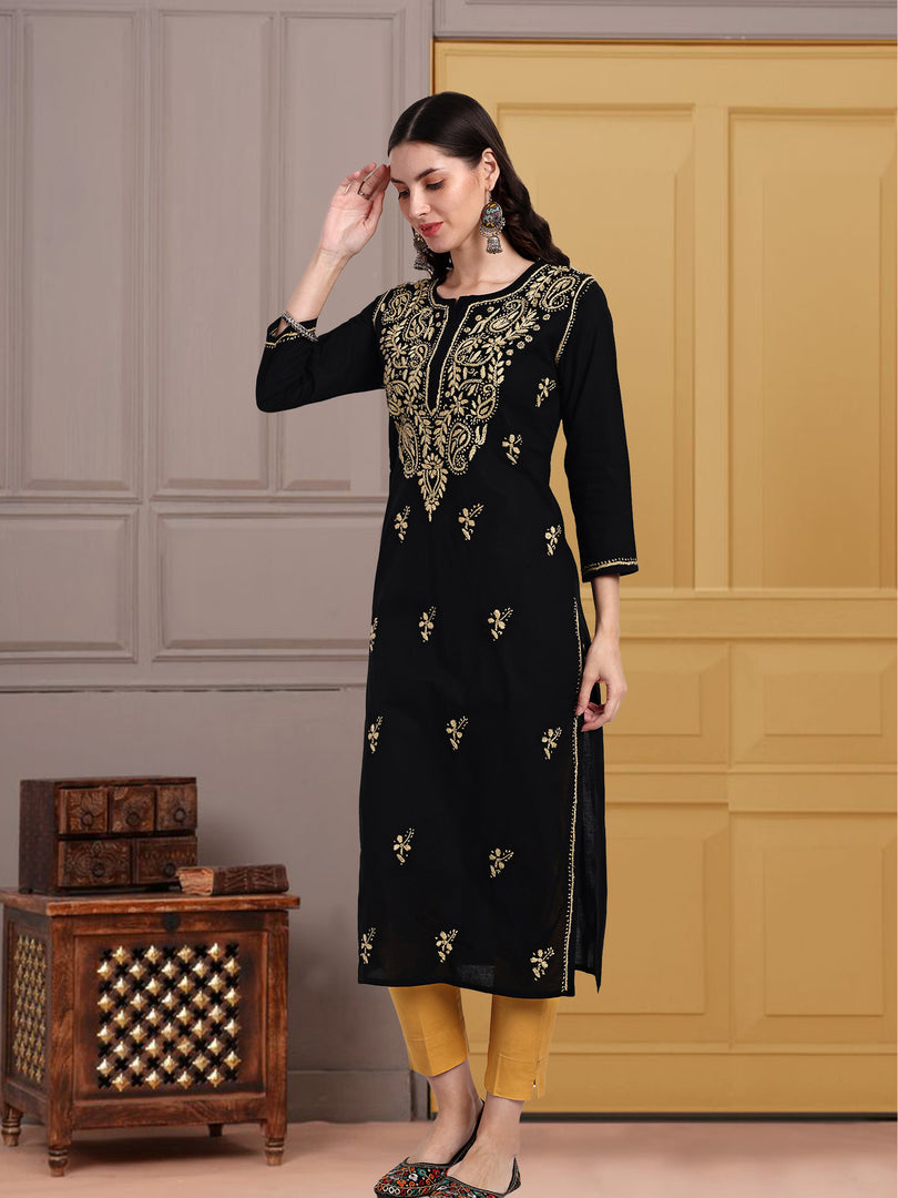 Seva Chikan Hand Embroidered Black Cotton Lucknowi Chikankari Kurta