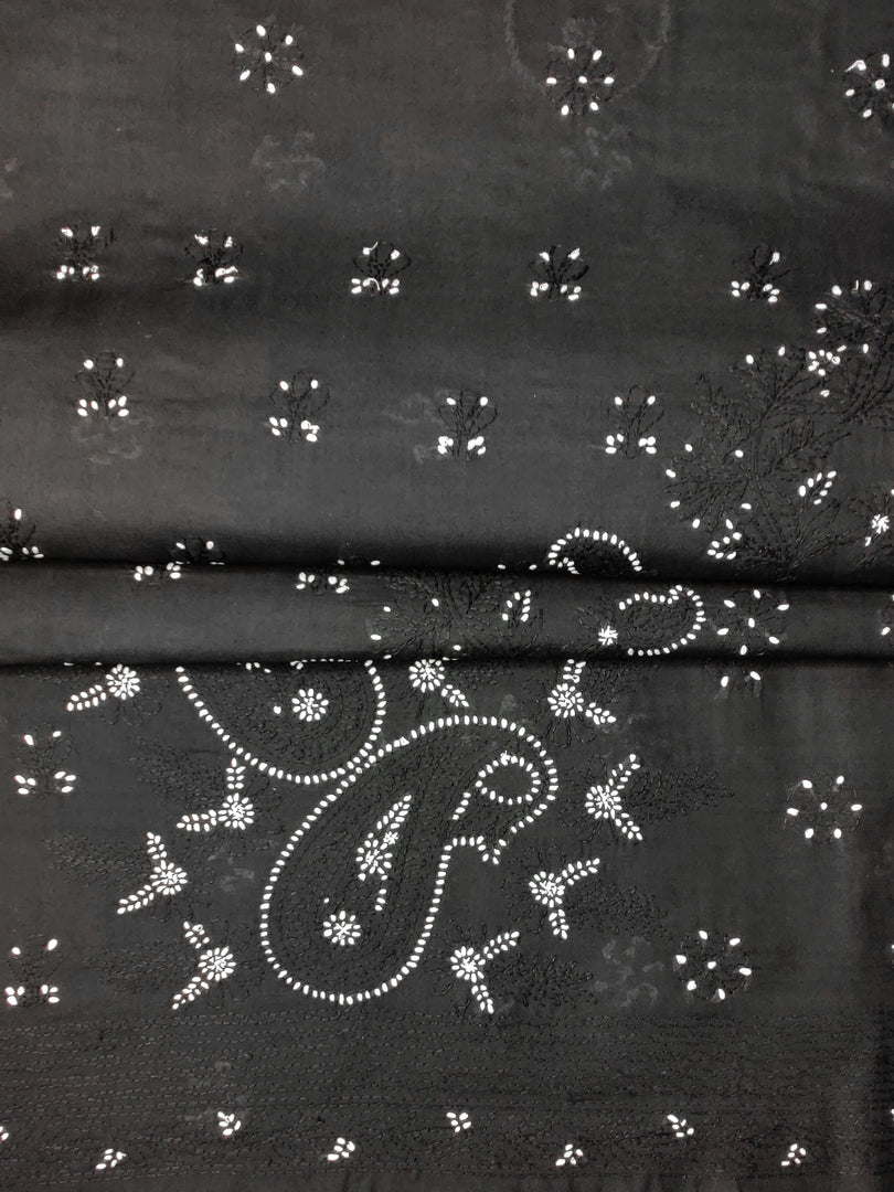 Seva Chikan Hand Embroidered Black Terivoil Cotton Lucknowi Chikankari Unstitched Suit Piece-SCL13003