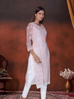 Load image into Gallery viewer, Seva Chikan Hand Embroidered Peach Georgette Lucknowi Chikan Kurti SCL1032
