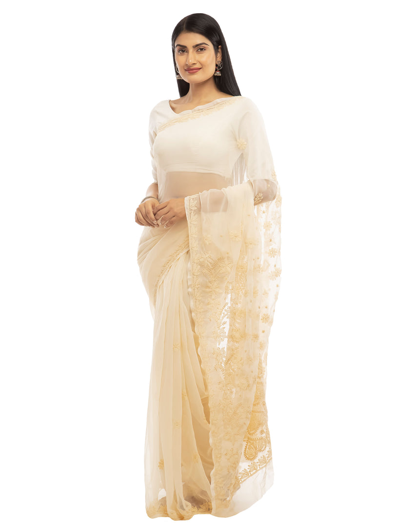 Seva Chikan Hand Embroidered Beige Georgette Lucknowi Saree-SCL1958
