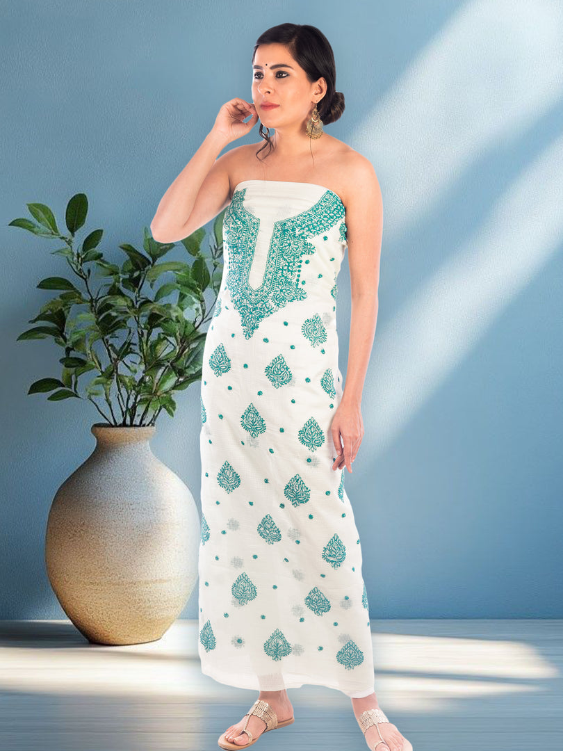 Seva Chikan Hand Embroidered White Kota Lucknowi Chikankari Unstitched Kurti Piece SCL1105