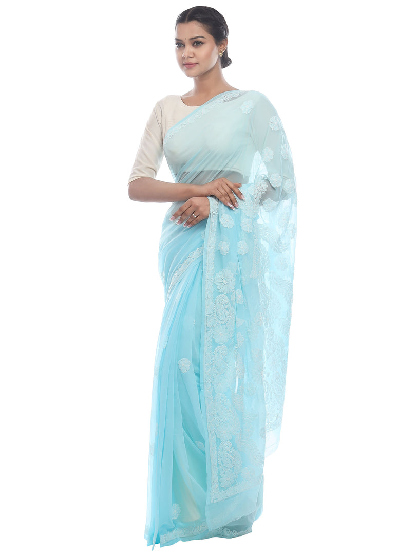 Seva Chikan Hand Embroidered Blue Georgette Lucknowi Saree-SCL2340